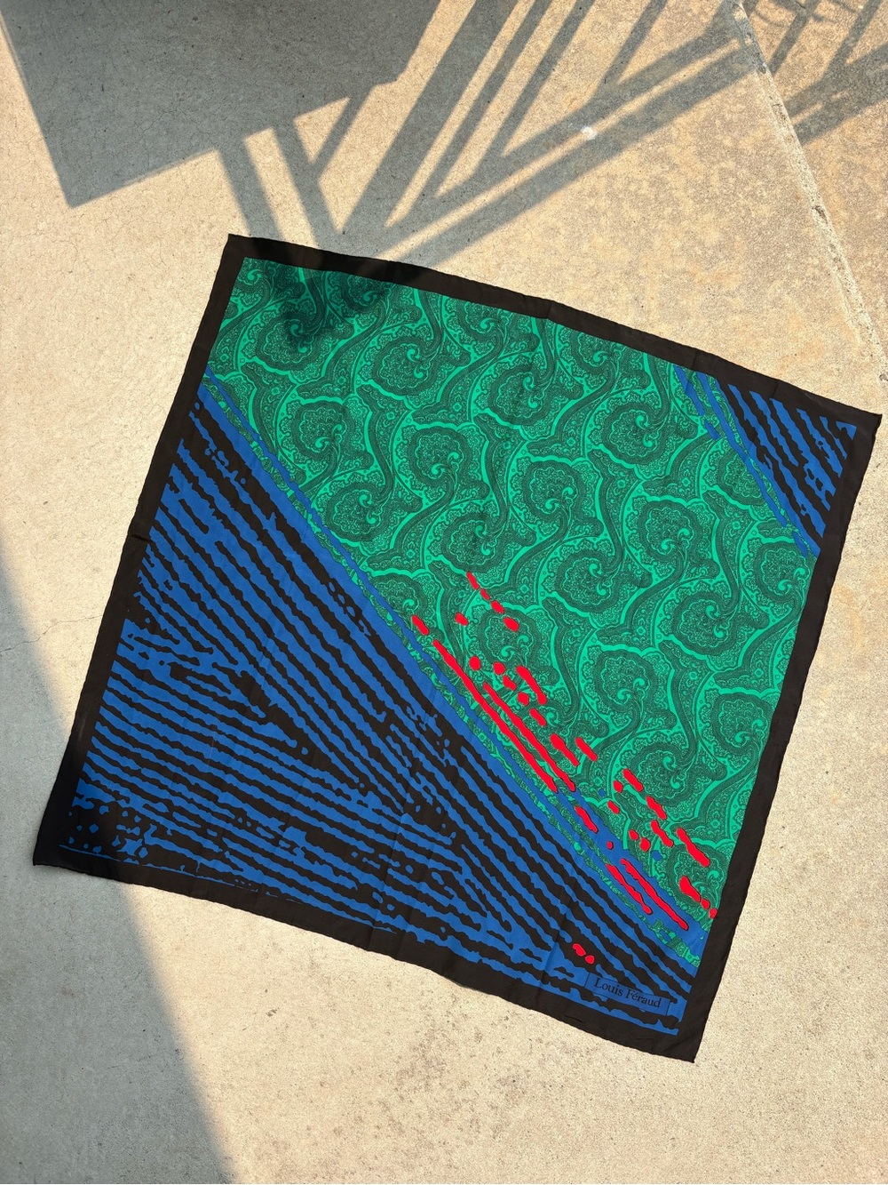 VTG Louis Feraud Silk Scarf Square Paisley Abstract Zebra Hand Rolled Blue Green